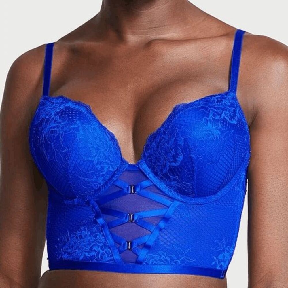 Victorias Secret Royal Blue Lace Corset Bombshell Plunge Push Up Bra 34D - Picture 13 of 14